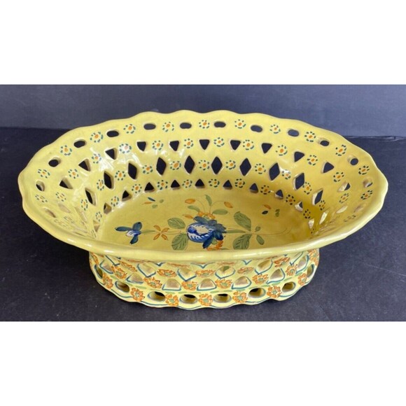 Vintage Hand Painted Lattice Ceramic Basket 10" Yellow Signed France RARE - Picture 3 of 9